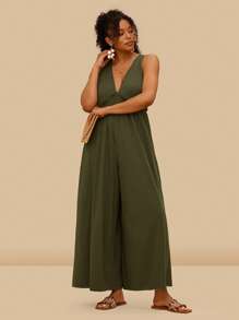 Travachic Mono de tejido elástico y cómodo con cuello en V y bolsillos para mujeres de tallas grandes, mono informal holgado de punto verde del ejército