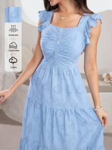 Modelyn 方领无袖荷叶边珍珠纽扣刺绣蓝色连衣裙 - 藍色 - 查看 3