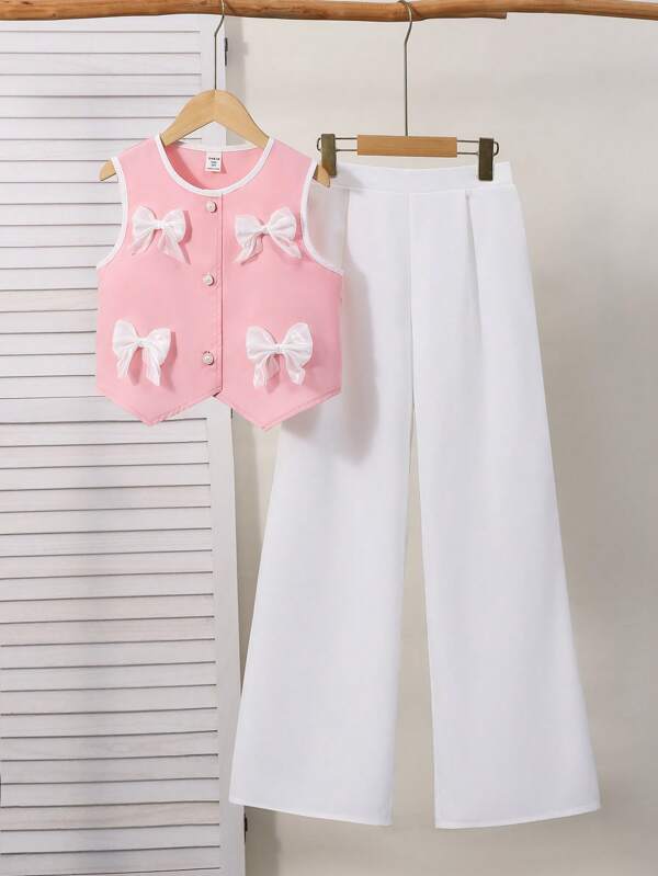 SHEIN Set de 2 piezas para niñas preadolescentes: top de chaleco negro con decoración de lazo blanco, combinado con pantalones blancos de vestir, elegante y casual