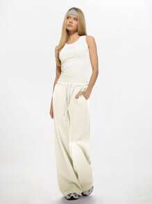 MISSGUIDED Quần dài thể thao ống rộng cạp cao có dây rút Quần chạy bộ oversize vừa vặn thường ngày thể thao mặc ở nhà Quần tập luyện thể dục - Kem - Xem 6