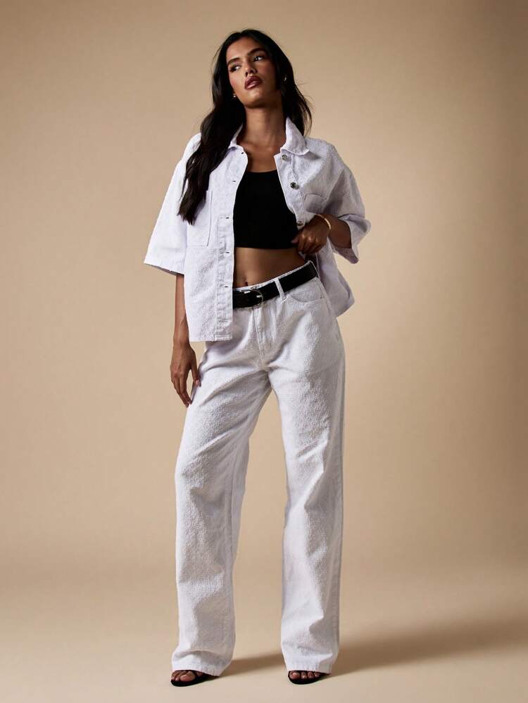 MISSGUIDED Statement Wide Leg Denim Eyelet Embroidered Jeans