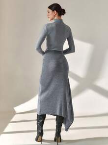 CLARA VERO Smart Office Chic Asymmetrical Cut Midi Length Knitted Skirt - Grey - View 2