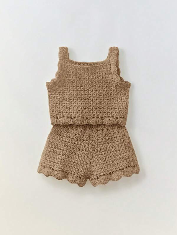 Maija Kids Maija Kids 2pcs Vacation Casual Outfit Set For Young Girls: Breathable Mesh-Knit Decorated Puff Hem Short Camisole Top + Short Shorts, Suitable For Spring/Summer Girls Crochet Set Crochet Two Piece Set Kids Crochet Outfit Girl Knit Set Summer Two Piece Set Kids