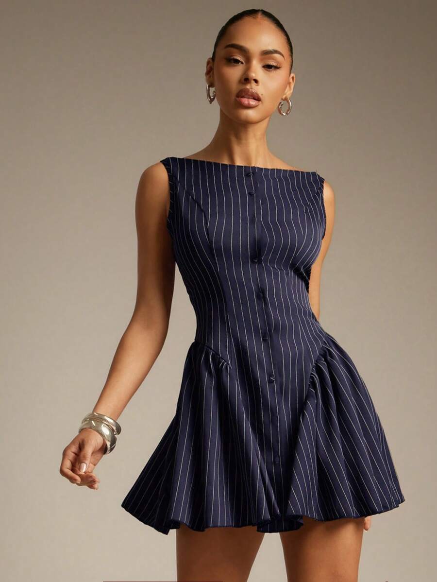 Hauture 女士优雅性感海军蓝条纹纽扣褶皱无袖紧身公主裙 - 藏蓝色 - 查看 1