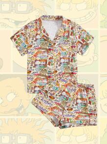 Nick 90's X ROMWE 卡通图案衬衫式短袖上衣和短裤 100% 纯棉睡衣套装 - 彩色 - 查看 1