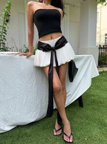 SHEIN EZwear 女式拼色蝴蝶结装饰性感迷你裙，夏季 - 白色 - 查看 4