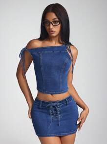 SHEIN Unity Tie-Up Oblique Shoulder Washed Denim Top - Dark Wash - View 1