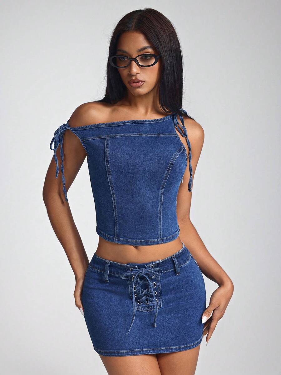 SHEIN Unity Tie-Up Oblique Shoulder Washed Denim Top - Dark Wash - View 1