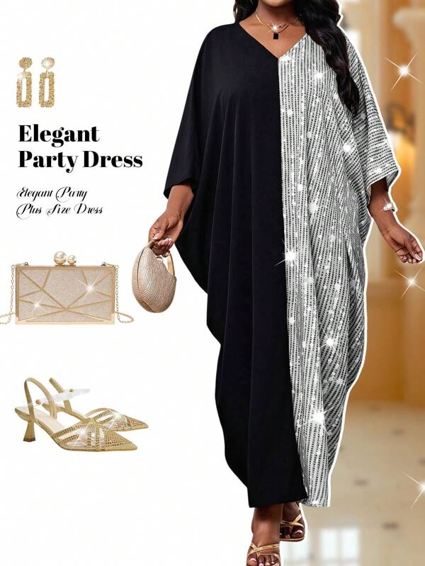 SHEIN Lady  Spring And Summer Autumn And Winter Elegant Party Commuting Office Blue Woven Notched Ball Gown Short Sleeve Kaftan Dress Plus Size Dresses