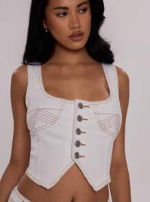 MUSERA Denim Button Up Corset Top Festival Ibiza Y2k Sexy Summer Spring Vacation Beach 4th July Night Out Going Out - White - View 6