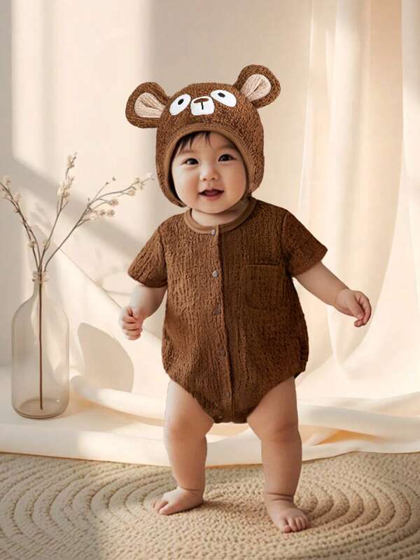 Set de 2 piezas de pelele de manga corta de crepé marrón para bebés niños/as y gorro de oso, estilo lindo, adecuado para fiestas y salidas en verano