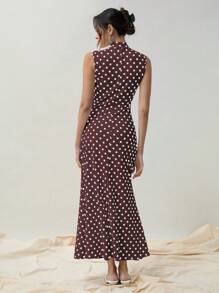 COSMINA 优雅女士春秋波尔卡圆点印花立领无袖鱼尾长款复古风格优雅连衣裙 - 棕色 - 查看 2