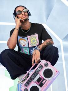 Rick and Morty X SHEIN Men's Summer Casual Funny Cartoon Character & Letter Graphic Dropped Shoulder Loose T-Shirt - Black - View 7