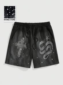 ROMWE MEN Street Life Men's Spring/Summer Casual Rhinestone Cross Embellished Shorts, Streetwear Style - Black - View 1