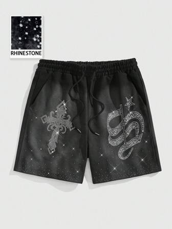 Street Life Men's Spring/Summer Casual Rhinestone Cross Embellished Shorts, Streetwear Style
