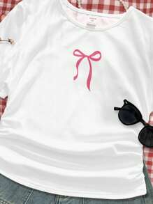 SHEIN Leap Crew Tween Girls' Fitted Casual Solid Color Crew Neck Ruched Short Sleeve T-Shirt, Suitable For Summer - Multicolor - View 5