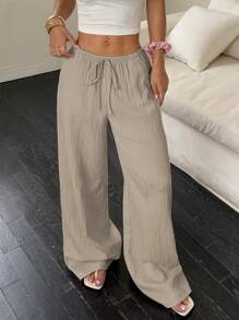 SHEIN PETITE Pantalones anchos de mujer de unicolor con bolsillos y cordón