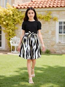 SHEIN Vestido de manga corta con lazo floral y cinturón acanalado en negro y dorado para niña preadolescente