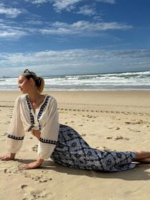 DAZY 女式休闲灯笼袖衬衫，正面纽扣图案印花，度假风格，沙滩装，秋季女装长袖上衣 - 米色 - 查看 3