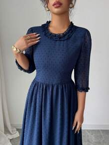 Modelyn 女士优雅荷叶边袖蓬松纹理雪纺长款连衣裙，春夏款 - 藏蓝色 - 查看 5