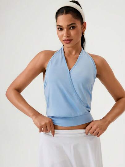 Hanevo Women's Blue Criss-Cross Deep V-Neck Sleeveless Sports Yoga Top Sportwear For Daily Wear
