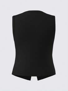 SHEIN BASICS 大码休闲纯色针织修身背心 - 黑色 - 查看 2