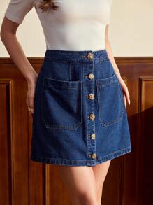 Vintamour 复古优雅女式牛仔迷你裙，带金属花朵装饰口袋，春夏合身款 - 藍色 - 查看 4