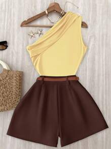 INAWLY Bộ 2 áo crop top xếp ly không tay màu trơn mùa hè cho nữ và quần short - Nhiều màu - Xem 2