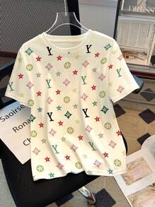 SHEIN EZwear T-shirt da donna taglie forti, manica corta, girocollo, di moda per l'estate