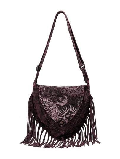 Fairycore Hand-Made Hippie Apocalypse Style Sun & Moon Print Tasseled Crossbody Bag, Music Festival & Travel Shoulder Bag, Unique Random Pattern & Dye