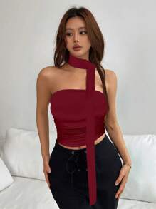 Rafferiza 女士豹纹百褶抹胸上衣（配围巾） - 酒紅色 - 查看 3