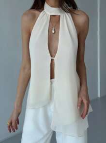 Aloruh Women's Summer Solid Color Backless Halter Neck Tank Top With Split Hem, Going Out White - Apricot - View 4