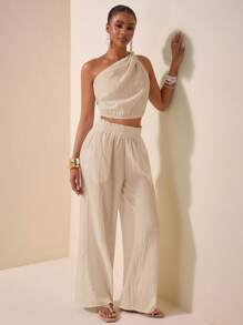 Zivah 2025夏季新款音乐节,复活节,母亲节,西式,游牧风,生日派对,毕业季,学生装,休闲日常装,基础百搭,休闲,度假,邮轮旅行,海滩,日光浴,时尚流行,优雅,通勤,商务休闲,扭纹,露肩,露背,短款女上衣和直筒宽松裤,荷叶边下摆,口袋,纹理面料,白色,女式两件套 - 杏色 - 查看 6