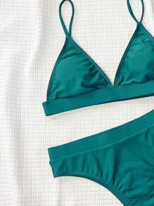 SHEIN Swim 2pcs Women Sexy Solid Color Spaghetti Strap Bikini Crop Top And Panty Set For Summer Beach Vacation - Teal Blue - View 4