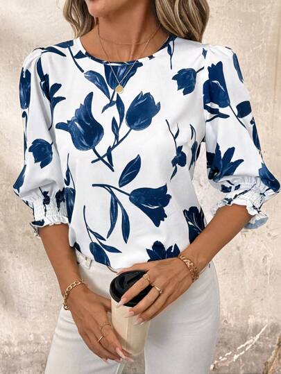 SHEIN Clasi Women Crew Neck Mid-Sleeve Loose Casual Blouse Classy For Women Summer For Women Summer Women's Summer Summer For Women Country Women Blue Floral Top White And Blue Top Puff Sleeve Blouse Women Blouses Summer
