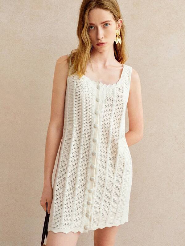 Écloséra French Retro Elegance Vacation Daily Versatile Knit Vest-Style Mid-Length Lattice Apricot Women's Knit Dress For Spring, Summer, And Autumn