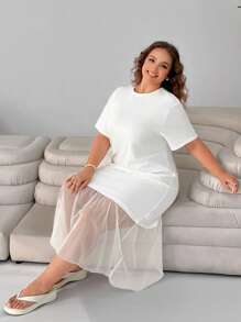 SHEIN EZwear 大码纯色圆领短袖落肩休闲春夏网眼连衣裙 - 白色 - 查看 5