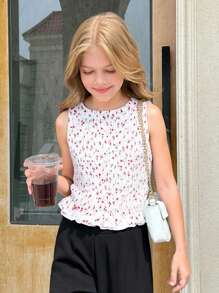 SHEIN Tween Girls' Elegant Fresh Ditsy Floral Sleeveless Ruffle Blouse - Pink - View 11