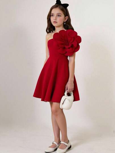 Girlism Roupa de festa para meninas adolescentes, casual, elegante, vermelha, assimétrica, justa, minimalista, com decoração floral 3D, adequada para festas, reuniões, casamentos, primavera/verão