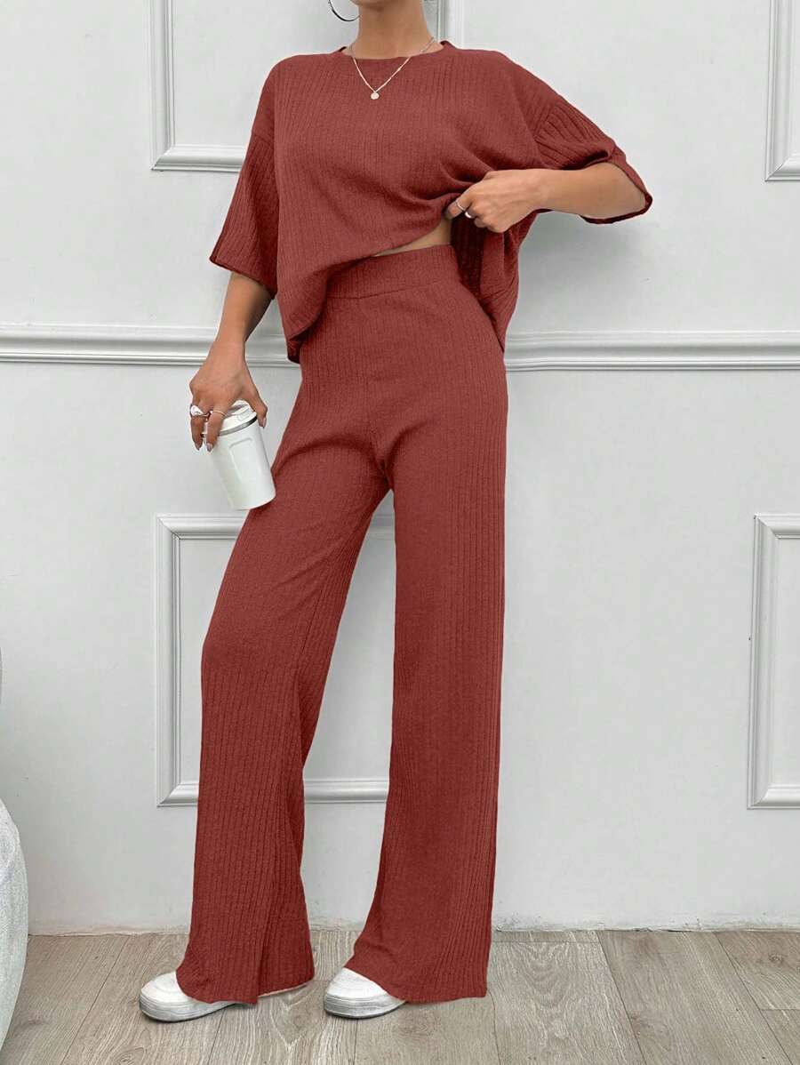 SHEIN Tall Cotton Simple Summer Solid Loose Drop Shoulder Short Sleeve Top And Straight Pants, Tall Women - Redwood - View 1