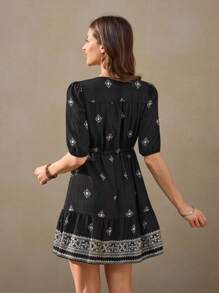 Wildy Women's Summer Casual Country Holiday Bohemian Print Drawstring Waist Midi Dress Vacation Outfits Woman Teacher Outfits For Women Western Wear Women Boho Country Vacation Dress Black Summer Dress Women Button Up Dress Black Embroidered Dress Western