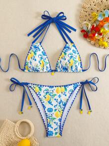 Swim Vcay Plus Size 2pcs Fruit Print Frill Trim Cute Playful Bikini Set, Summer