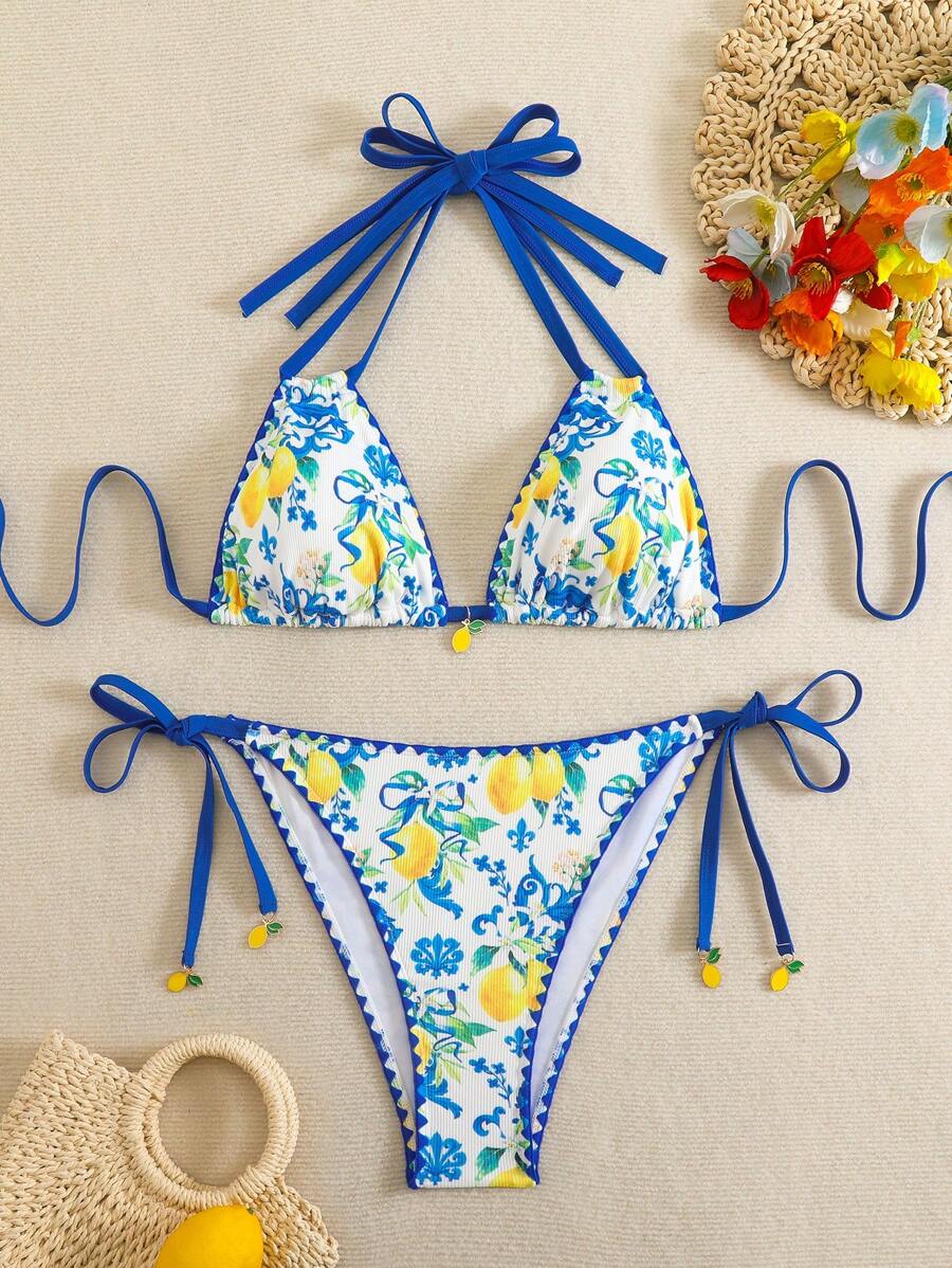 Swim Vcay Plus Size 2pcs Fruit Print Frill Trim Cute Playful Bikini Set, Summer