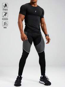 Manfinity Sport Polished Men's Contrast Stripe Letter Knitted Tape Casual Sports Leggings