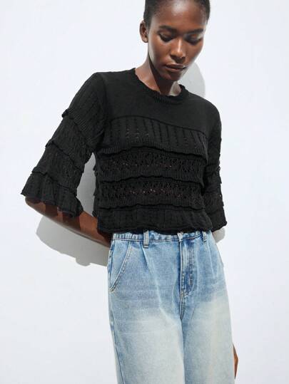 Maija 2025 Autumn Women's Cropped Shawl Collar Ruffle Sleeve Knit Top, Business Casual Everyday Wear, Suitable For Wedding Guest, Vacation, Beach, Office Commute Thanksgiving,Black Top Ruffle Tops Sleeve Top Knit Tops Eyelet Top For Women Christmas