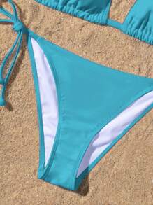 SHEIN Swim 素色領結式抹胸比基尼泳衣，適合夏季海灘 - 藍色 - 查看 4