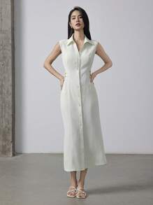 Heiryn Women's Elegant Button Front Sleeveless Waist Cinched Mid-Length Dress, Summer - Apricot - View 6