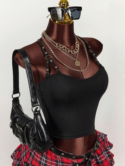 Amplova Rave Outfits Gyaru Style  Festival Boho Vacation  Women Summer Clothes  Cowgirl  PU Studded Trim Bodycon Knit Tank Top