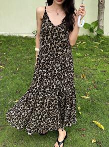 DAZY Women's Peasant Style Leopard Print Slip Dress - Brown - View 1