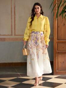 ZEYLAH Elegant Embroidered Lantern Sleeve Linen Shirt, Spring/Summer - Yellow - View 1